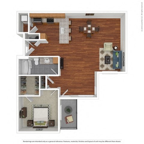 Floor plan for 1 bed, 1 bath, 968 sqft